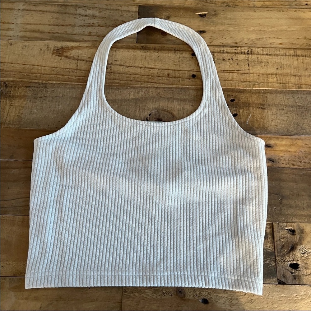 H&M Divided Cream Ribbed Halter cropped Tank Top Size M